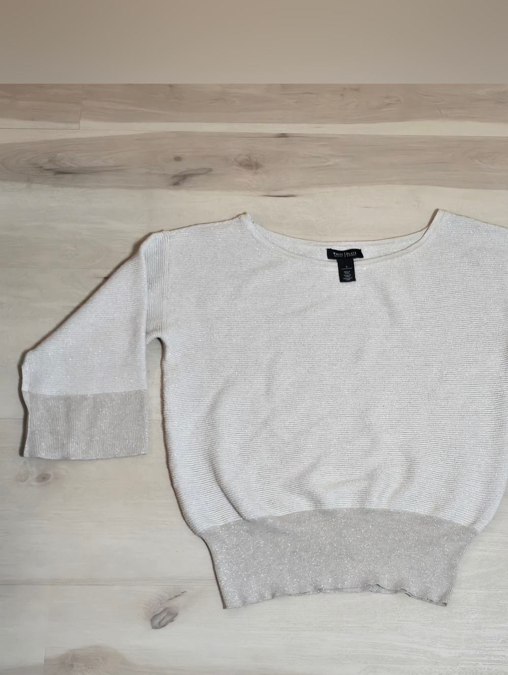 White House Black Market Womens S Pullover Sweater Silver Shimmer Top 3/4 Sleeve